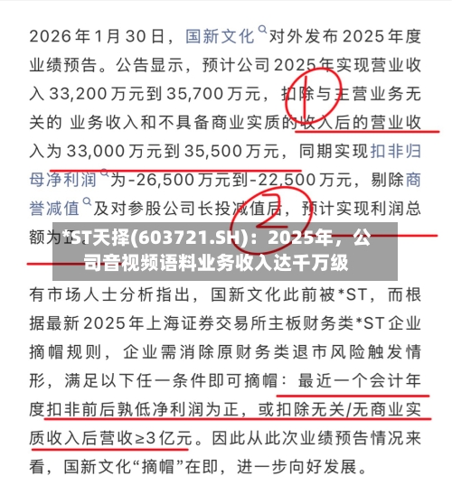 *ST天择(603721.SH)：2025年，公司音视频语料业务收入达千万级