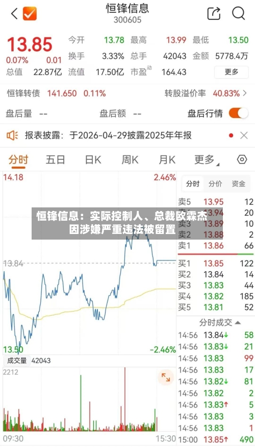 恒锋信息：实际控制人、总裁欧霖杰因涉嫌严重违法被留置