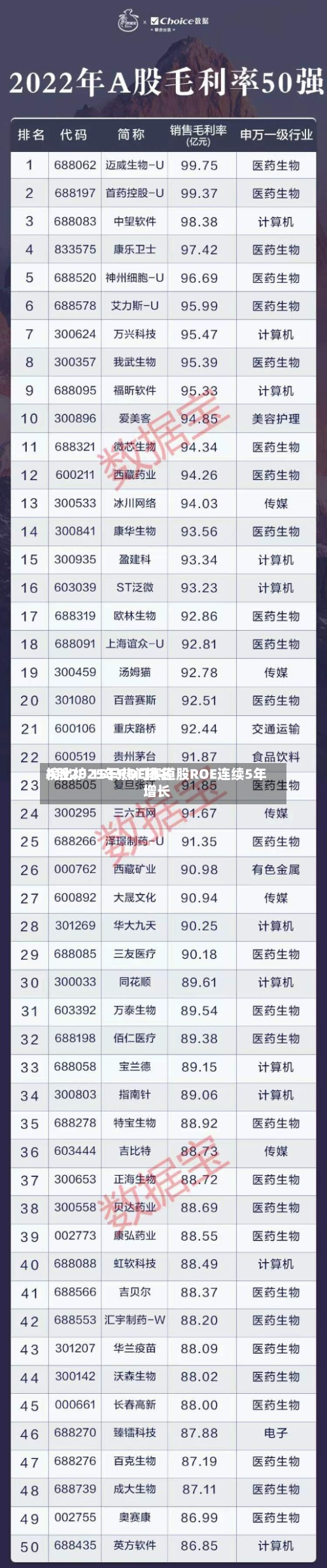 A股2025年ROE排名榜出炉 15只热门赛道股ROE连续5年增长