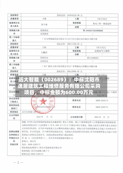 远大智能（002689）：中标沈阳市逸居建筑工程维修服务有限公司采购项目，中标金额为600.00万元